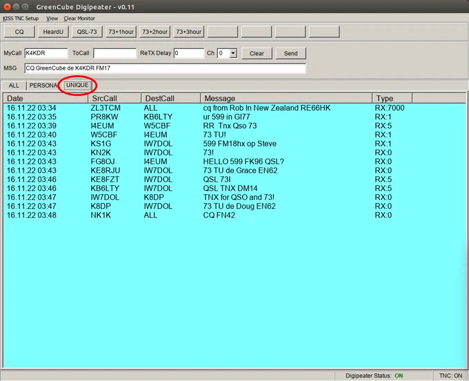 List of unique call signs active on GreenCube digipeater in UZ7HO client app