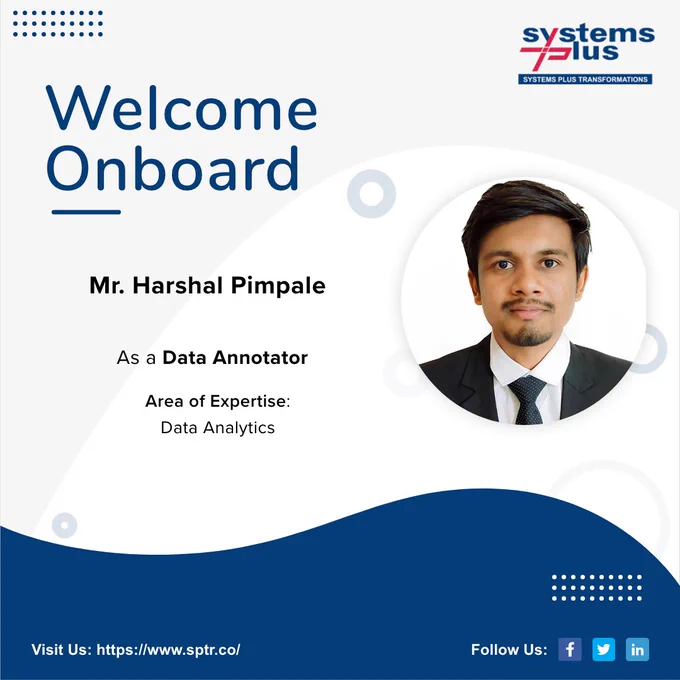 Congratulations Mr. Harshal Pimpale on being a part of our dynamic team!



Systems Plus Transformations family welcomes you and we hope to have a long and successful journey together.



Welcome aboard!



#NewJoiners #Employees #Jobs #WorkForceSPTR #TeamSPTR #SystemsPlusTransformations
