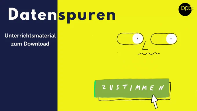 Auf einem gelb-blauen Hintergrund steht der Titel "Datenspuren. Unterrichtsmaterial zum Download".