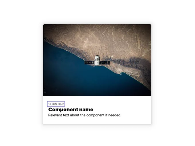 Screenshot of a card link component that shows an example image, publish date, title, and description text in a card format. 