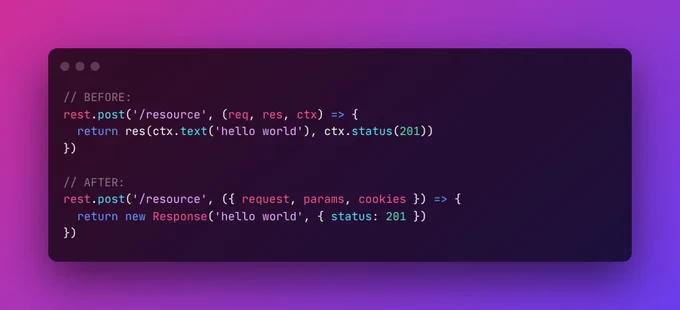 Two code snippets: one using the current version of MSW's API, the other using the next version featuring first-class Fetch API support. 