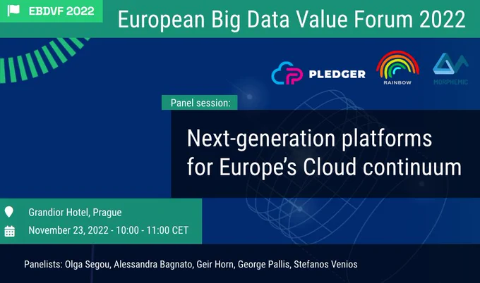 An announcement of panel session “Next-generation platforms for Europe’s Cloud continuum” conducted by three Horizon 2020 projects: RAINBOW, PLEDGER and MORPHEMIC at the EBDVF 2022.