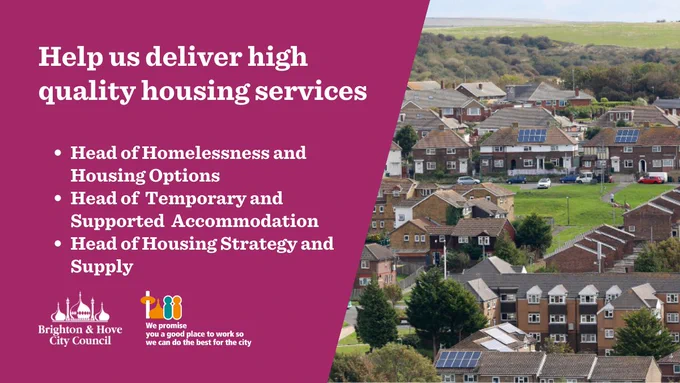 Help us deliver high quality housing services: Head of Homelessness & Housing Options  Head of Temporary and Supported Accommodation  Head of Housing Strategy and Supply; photo panoramic view of housing in the city
