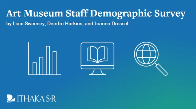 Icons of a bar graph, a desktop computer displaying the image of an open book, and a magnifying class, with text that reads "Art Museum Staff Demographic Survey, by Liam Sweeney, Deirdre Harkins, and Joanna Dressel"