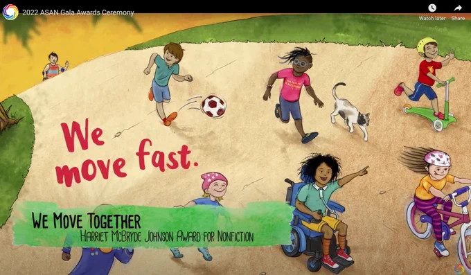 screenshot of the ASAN gala awards ceremony streamed on YouTube showing We Move Together receiving the Harriet McBryde Johnson Award for Nonfiction