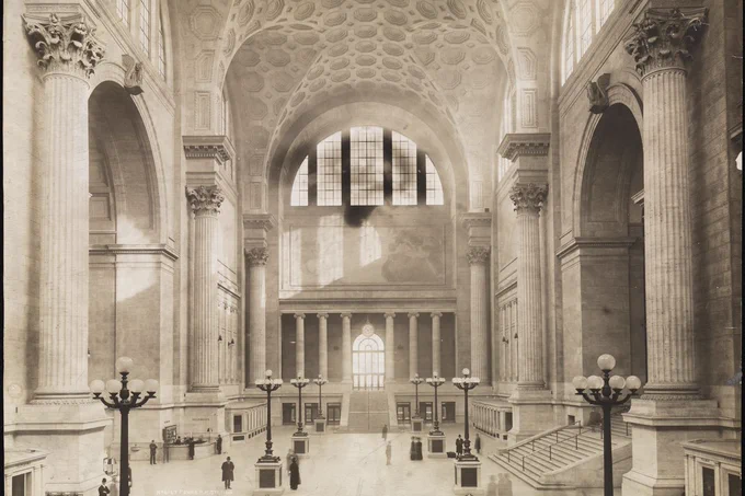 Black and white photo of the main waiting room in Penn Station around when it opened in 1910. It’s mostly made of stone with huge vaulted ceilings held up by corinthian columns. 