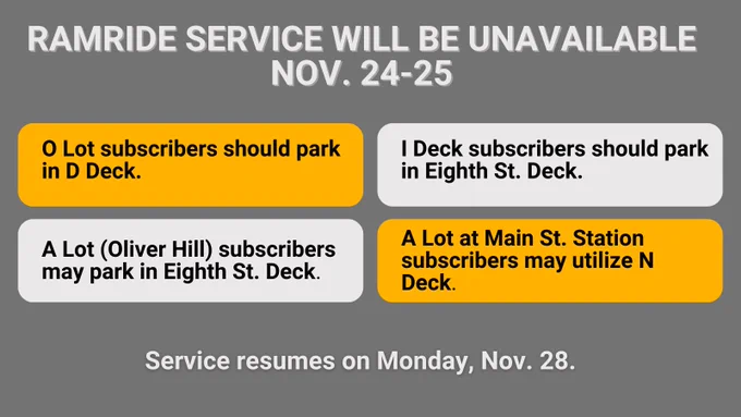 RamRide service will be unavailable November 24-25. View alternate parking arrangements at https://blogs.vcu.edu/parkingtransportation/2022/11/14/ramride-service-unavailable-nov-24-25/.