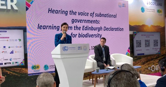 Environment Minister Mairi McAllan speaks about the Edinburgh Declaration with partners at COP27