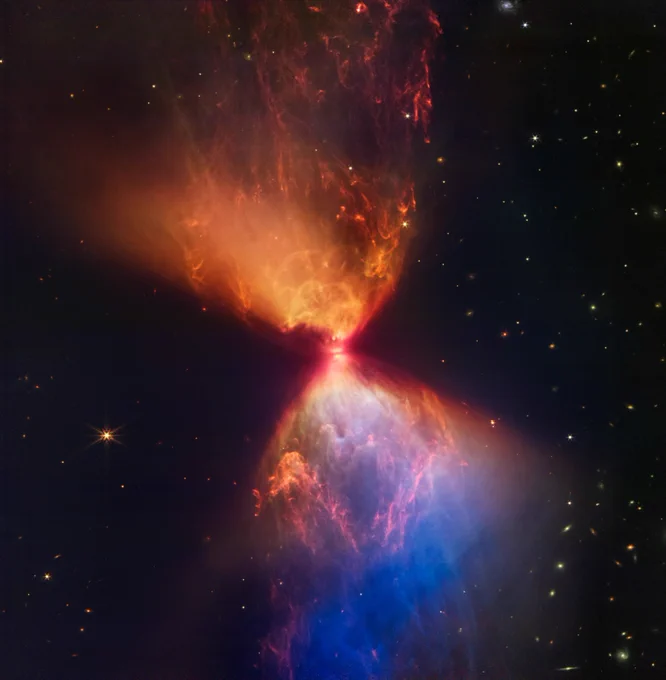 A forming protostar surrounded by a large hourglass-shaped nebula. A bright orange object, the protostar, lies at the center of this image. In front of the protostar is a thin grey line, which is the protostar’s accretion disk. Above the protostar is an orange, triangular cloud of gas that points to the top left of the image. The area closest to the protostar is a brighter orange than the area to the top left, and has more pronounced plumes of orange gas. Below the protostar is another triangular cloud of gas that points to the bottom right of the image. The area closest to the protostar is a blend of pronounced blue and orange plumes of gas. Farther toward the bottom right, the color of the gas turns primarily blue. Stars and galaxies of many different shapes and sizes are scattered around the image, although they are noticeably more absent on the left side of the hourglass.