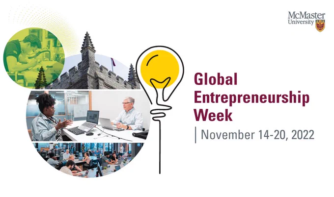 A graphic that reads 'Global Entrepreneurship Week | November 14-20, 2022.’ It features the McMaster logo, a green duotone image of a student working in a lab, a graphic illustration of a lightbulb, a photo of a segment of the roofline of University Hall, a photo of a professor and student in conversation and a photo of students working a share space setting. 