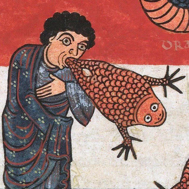 A medieval drawing of a man vomiting up a large, red, scaley, smiling creature that looks like a toad