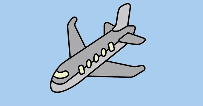 Illustration of a two-tone grey passenger airplane against a blue background