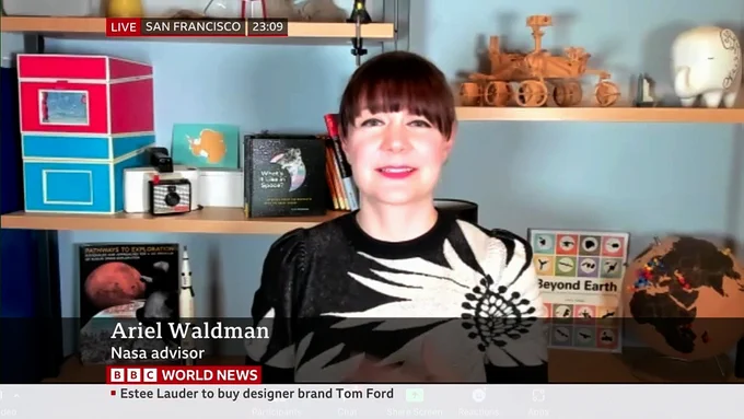 Screenshot of Ariel being interviewed on BBC World TV News.