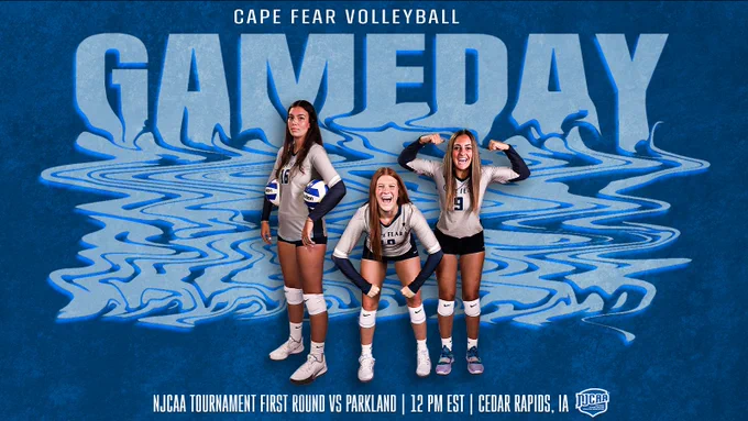CFCC Volleyball players posing in gameday graphic with beach "waves" in the background. Gameday vs Parkland for the NJCAA First Round at 12 PM EST in Cedar Rapids, IA.