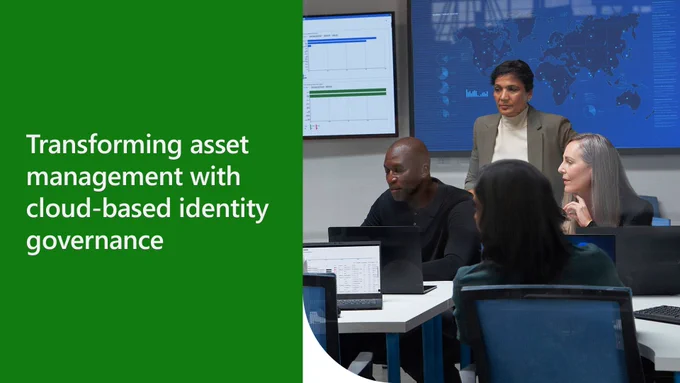 Text reads "Transforming asset management with cloud-based identity governance." People in a control center setting.