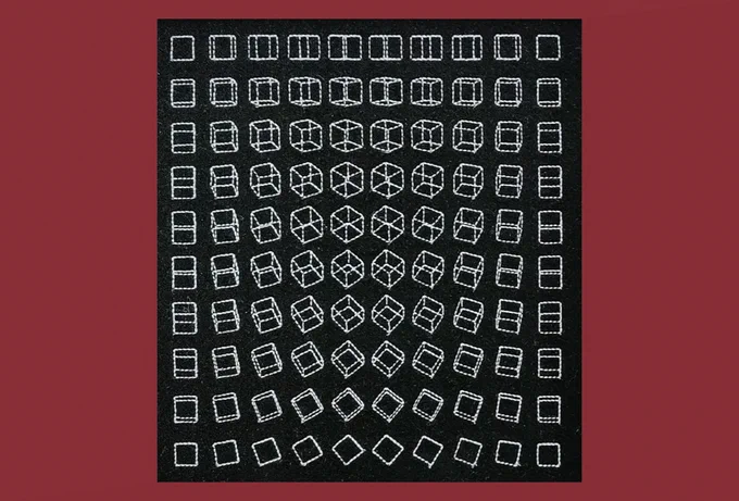 100 small cubes stitched in white thread on black felt in skeleton form. The cubes are arranged in 10 rows of cubes and 10 columns of cubes. Each cube is rotated 10 degrees from its neighbour, which creates a pleasing overall effect.