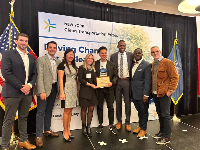 Circuit's team accepting New York Clean Transportation Prizes. Pictured: James Mirras, COO and Co-Founder, Alexander Esposito, CEO and Co-Founder, Anita Chen, General Counsel, Todd Smith, Senior Marketing Manager