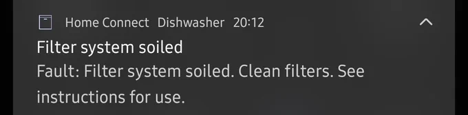 Android phone notification from my dishwasher, saying it's filter is soiled and must be cleaned