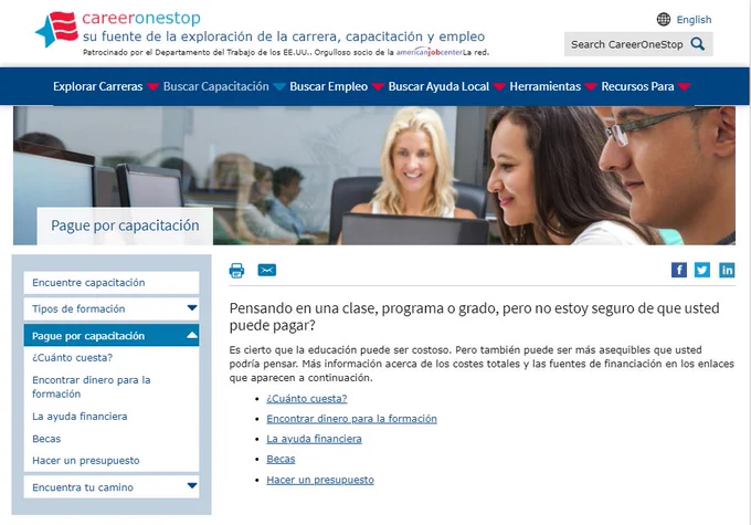 CareerOneStop's resources to pay for training are in  Spanish!