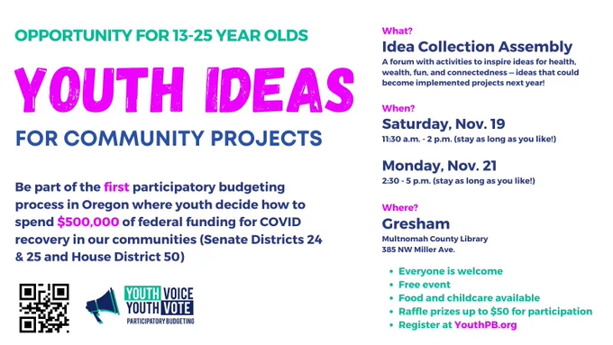 Opportunity for 13-25 year olds. Youth ideas for community projects in large block fonts in teal, magenta and dark blue.