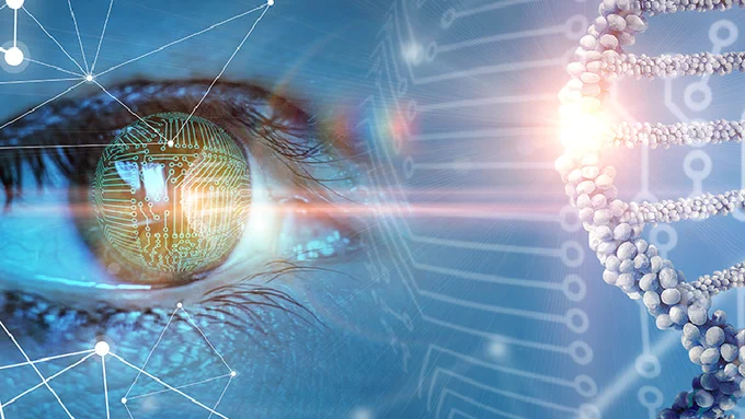 A close-up of an eye overlaid with a double delix.
