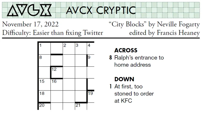 AVCX CRYPTIC
November 17, 2022
"City Blocks" by Neville Fogarty
Difficulty: Easier than fixing Twitter
edited by Francis Heaney
[image of a partial barred grid; in particular, 8-Across has 4 squares and 1-Down is 5 squares]
Across
8 Ralph's entrance to home address
Down
1 At first, too stoned to order at KFC