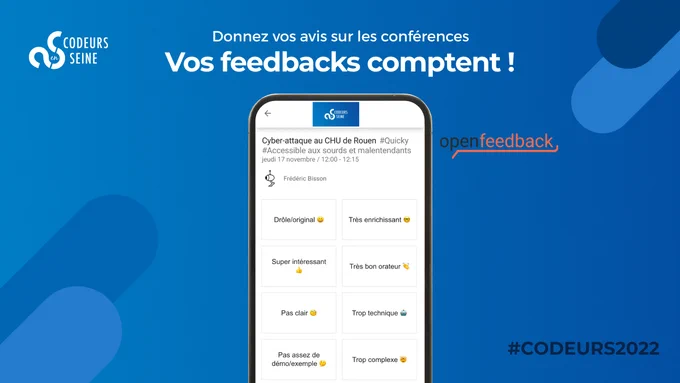 Visuel openfeedback pour noter les conférences de la journée de Codeurs 2022