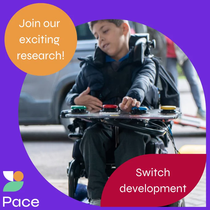Photograph of a boy with cerebral palsy using a motorised wheelchair with several different coloured switches, orange circle and red ellipse with text 'can you help?' and 'switch development'