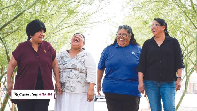 Priscilla Espinoza, Marcella Hall, Edwardine Thomas and Nina Allison share smiles and laughs at the Education Building in Sacaton, Arizona, in March of 2018. Not pictured in this cohort, nicknamed the "Soul Sisters," is Starleen Somegustava.
