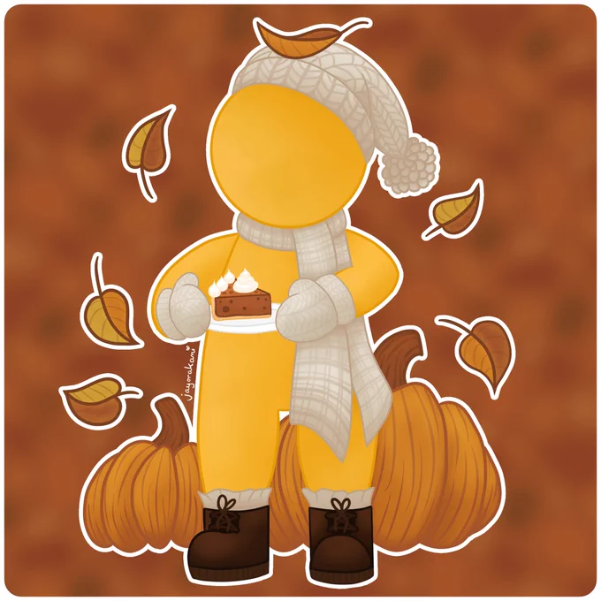 A PlateUp! character wearing a cosy cotton hat, scarf and gloves, holding a plate with a slice of Pumpkin Pie on it. Bright orange pumpkins and autumnal leaves decorate the background.