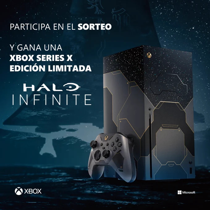 Imagen de una consola de Edición Limitada de Halo Infinite. Se puede leer el texto: "Participa en el sorteo y gana una Xbox Series X de edición limitada"