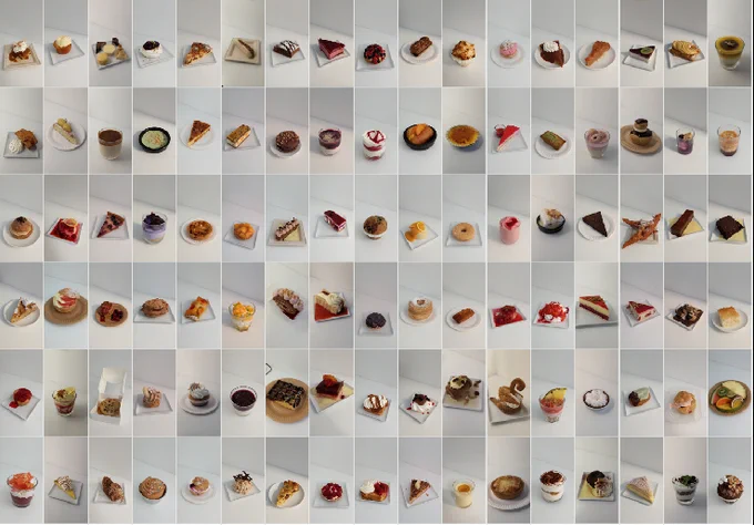 Collage of 102 dessert photos with white backgrounds arranged in a grid. Desserts include cakes, cookies, tarts, cream puffs, and more!