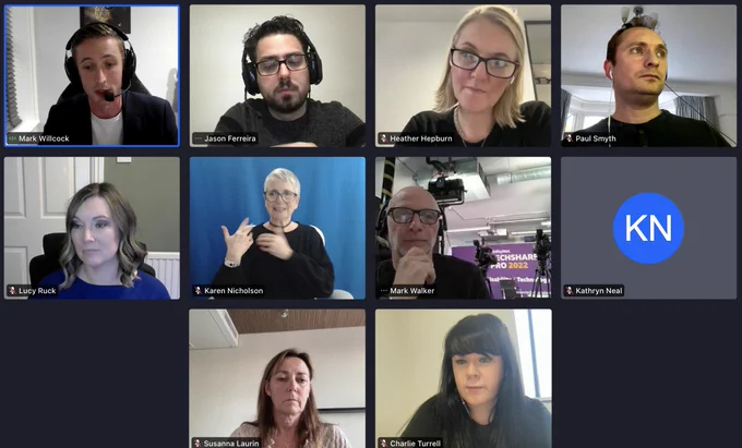 Screenshot of Mark Walker from AbilityNet, BSL interpreter, Jason Ferreira from Dow Jones, Mark Willcock from ATOS, Paul Smyth from Barclays, Heather Hepburn from Skyscanner, Charlie Turrell from Ministry of Justice, Lucy Ruck from Business Disability Forum, and Susanna Laurin from IAAP, at TSP.