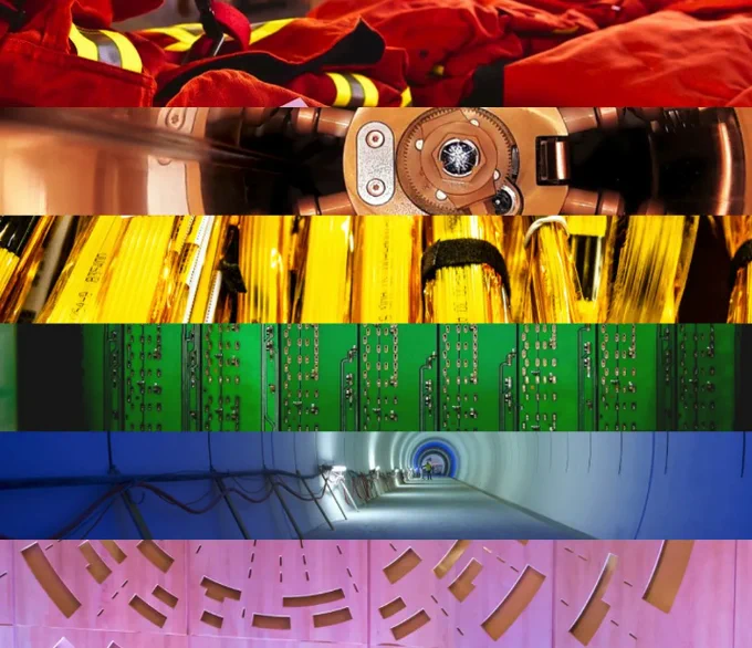 Pride-style rainbow flag made using six photos of things at CERN (fire brigade uniforms, detector components, cables, microchips, tunnel, main auditorium illumination) in the colours red, orange, yellow, green, blue and purple.