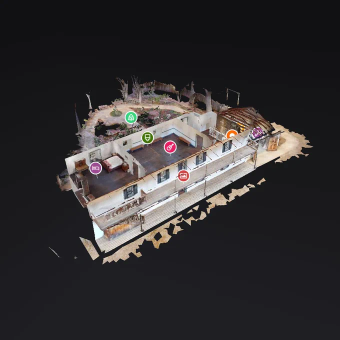 3D model of the Castro Adobe with a view into the second floor through the roof.