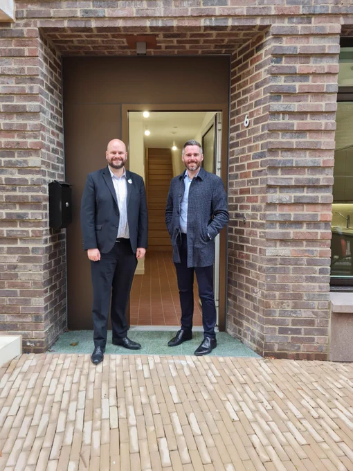Mayor of Hackney Philip Glanville with GLA Deputy Mayor for Housing Tom Copley at Tower Court