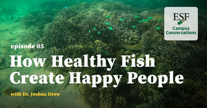 Background of an aging coral reef. In the foreground, the title reads Episode 5, How Healthy Fish Create Happy People. 