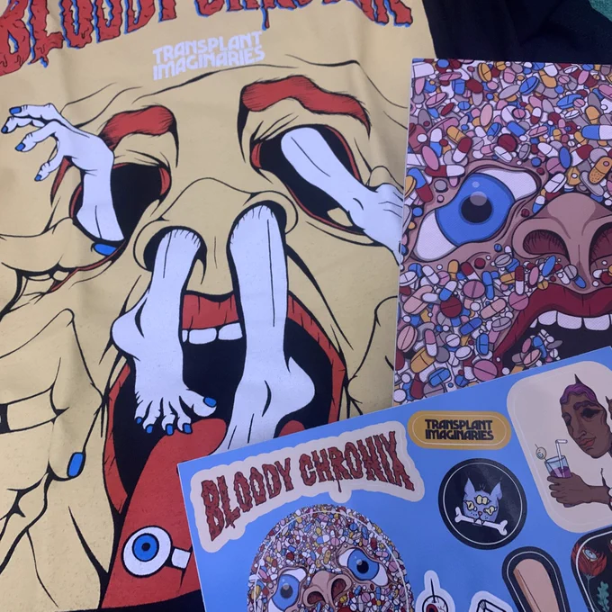 A zine a T-shirt and a sheet of stickers all with different, beautifully gruesome images of a face: a fave made of pills, a melting face, a face with a whole other person sticking out of its orifices.