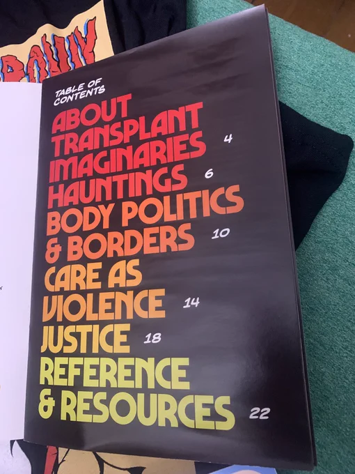 A zine table of contents: about transplant imaginaties p. 4, hauntings p. 6, body politics and borders p. 10, care as violence p. 14, justice p.18, reference and resources p. 22
