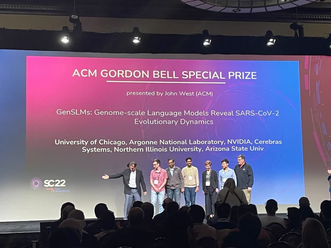 Members of the GenSLMs receive the Gordon Bell Prize for HPC-Based COVID-19 Research at SC22.