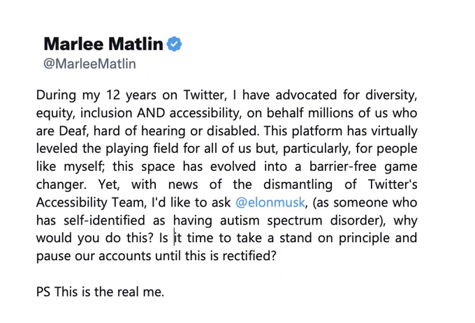 A written message from Marlee Matlin. Marlee's name is displayed with a blue check mark and her Twitter handle underneath. 