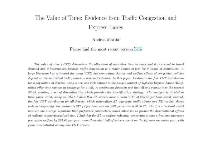 Andrea Mattia's Abstract for "The Value of Time:  Evidence from Traffic Congestion and Express Lanes"
