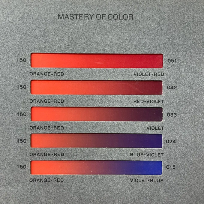 Image of a plate that reads “mastery of color” with five rectangular pigment structures, including: orange-red, violet-red, red-violet, violet, blue-violet, and violet-blue”. 