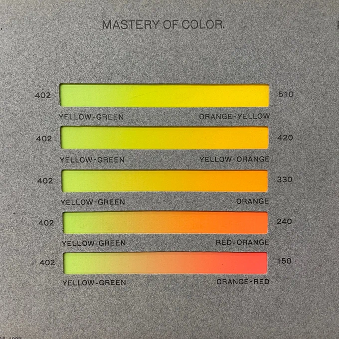 Image of a plate that reads “mastery of color” with five rectangular pigment structures, including: yellow-green, orange-yellow, yellow-orange, yellow, yellow-red, and red-yellow. 