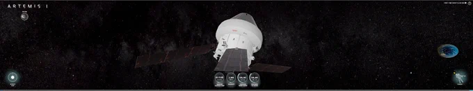 Graphic depicting the Artemis Orion spacecraft and service module against a starry baackground, with Earth on the right and the Moon on the left. Time, speed and distance indicators show that the spacecraft is halfway to the Moon.