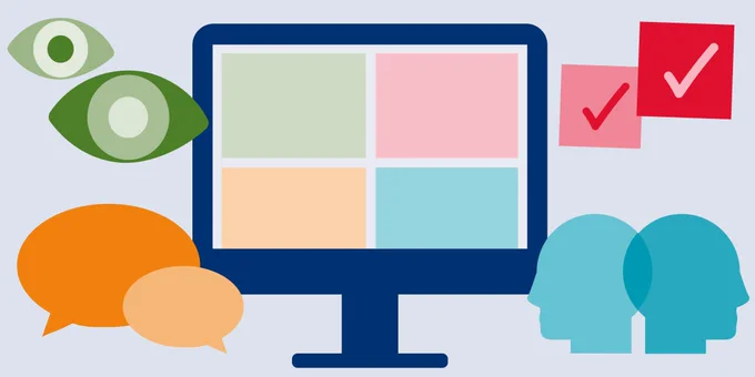 Abstract illustrations of speech bubbles, check marks, eyes and people surround a colourful desktop computer screen.