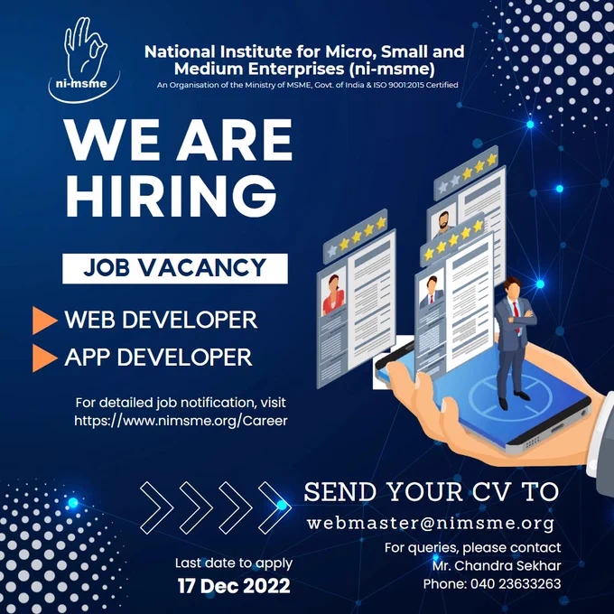 #nimsme is hiring for the following positions.
1. Mobile App Developer
2. Web Developer

Interested candidates can send their CV to webmaster@nimsme.org

Detailed job notification is available at: https://lnkd.in/gYKYgjtP

#hiring #job #job #webdeveloper #developer #androidappdeveloper #iosdeveloper #flutterdeveloper