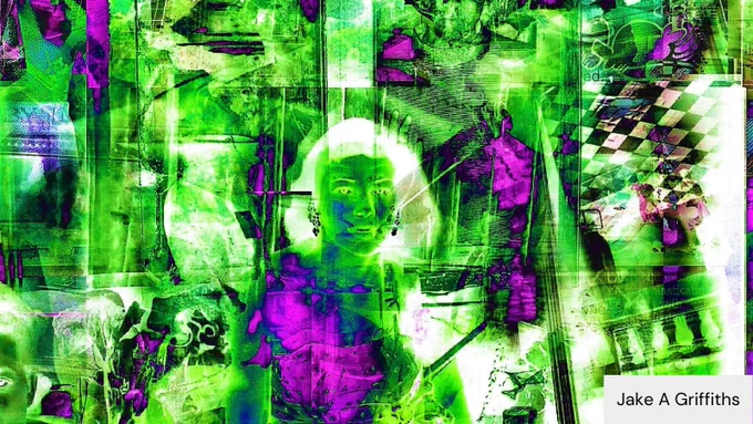 Abstract art with green and purple shapes. A negative image of a woman is in the centre.
