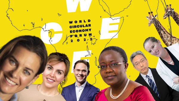  WCEF2022 Speakers at 
the World Circular Economy Forum 2022 
including Kristin Hughes, Vivian Heijnen, Jyrki 
Katainen, Jeanne d’Arc Mujawamariya, Hiroshi 
Ono, Valerie Hickie and two giraffes.