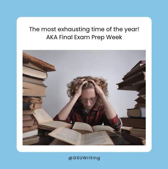 Stressed student reading through multiple open books with their hands in their hair. Stressfully studying.